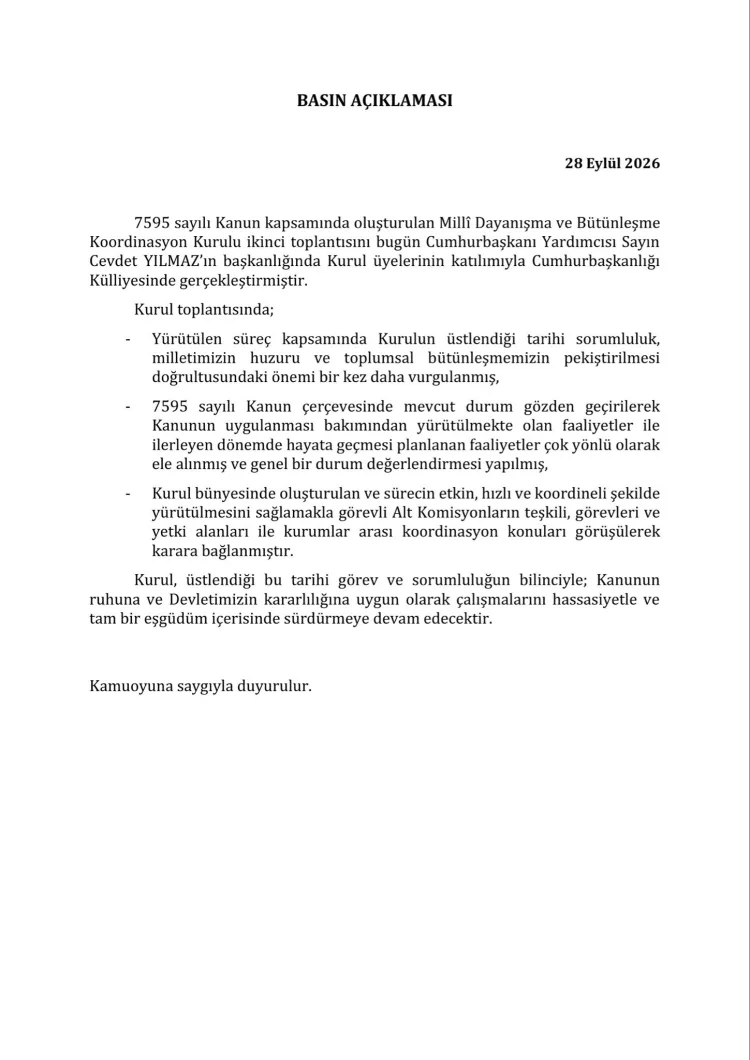 Millî Dayanışma ve Bütünleşme Koordinasyon Kurulu ikinci kez toplandı