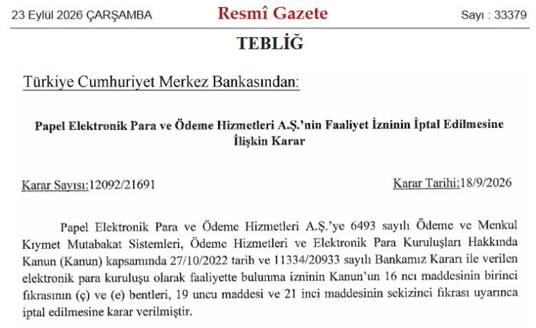 Papel'in elektronik para izni iptal edildi
