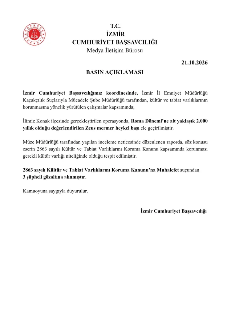 İzmir’de 2 bin yıllık Zeus heykel başı ele geçirildi