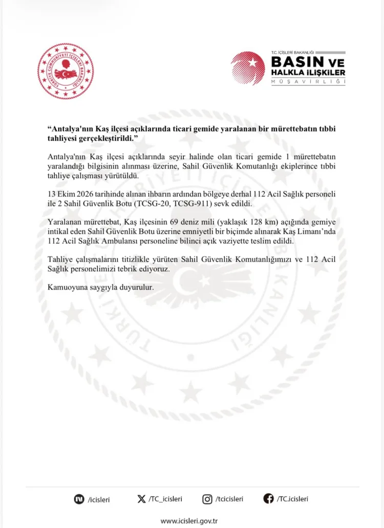 Kaş açıklarında yaralanan gemi mürettebatı Sahil Güvenlik tarafından kurtarıldı