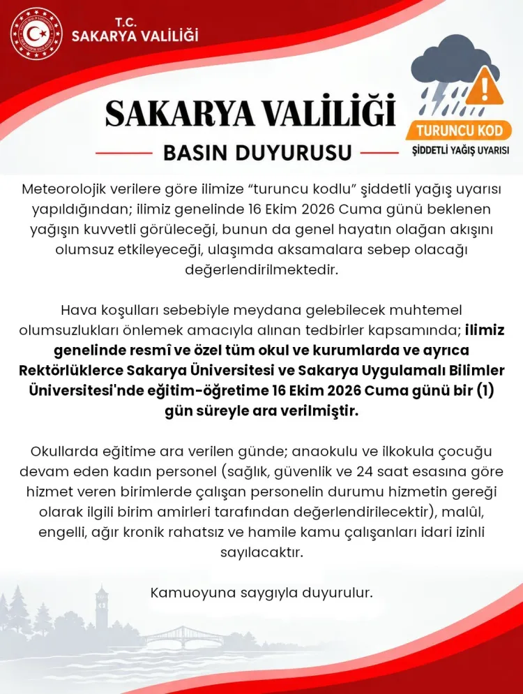 Sakarya’da eğitime 1 gün ara! Turuncu kodlu uyarı yapıldı
