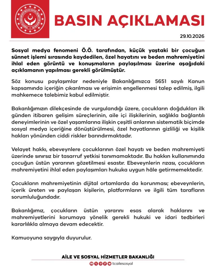 Bakanlıktan çocuk mahremiyeti uyarısı! Mahkemeden erişim engeli kararı
