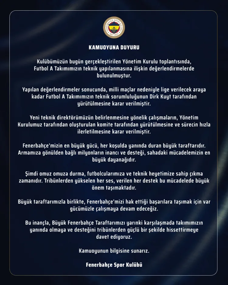 Fenerbahçe'de geçici teknik sorumlu Dirk Kuyt oldu