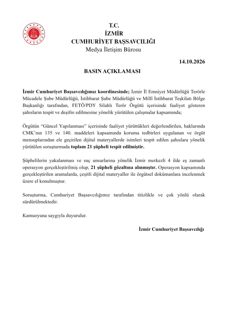 İzmir merkezli 4 ilde FETÖ'ye 21 gözaltı!