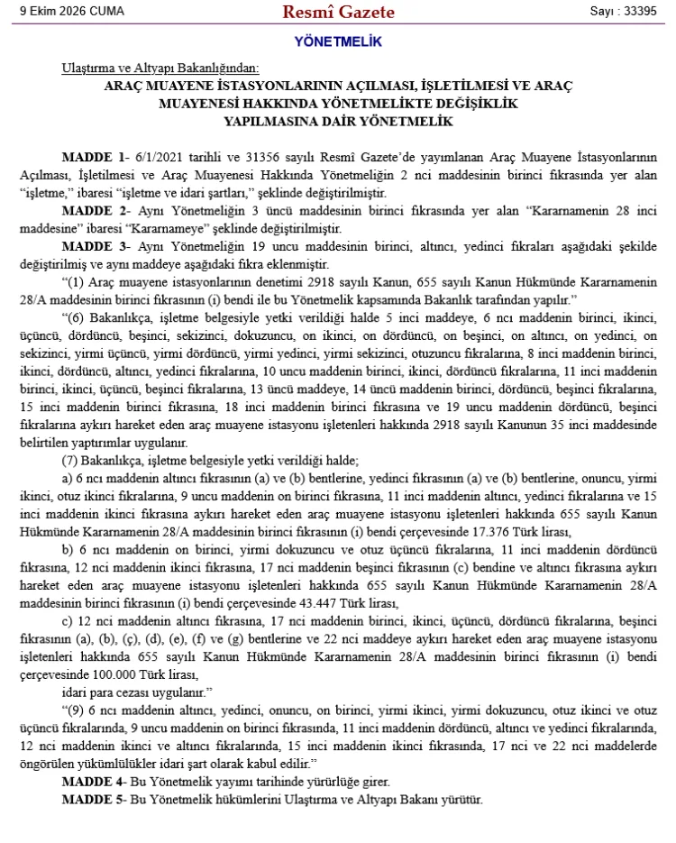 Araç Muayene İstasyonlarına Yeni Ceza Düzenlemesi: 100 Bin TL’ye Kadar Ceza