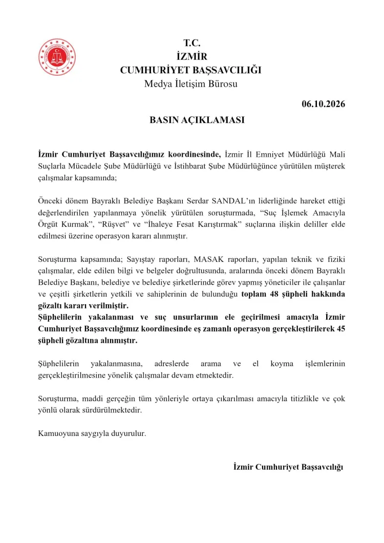 Bayraklı Belediyesi’ne operasyon! Eski Başkan Serdar Sandal dahil 45 gözaltı