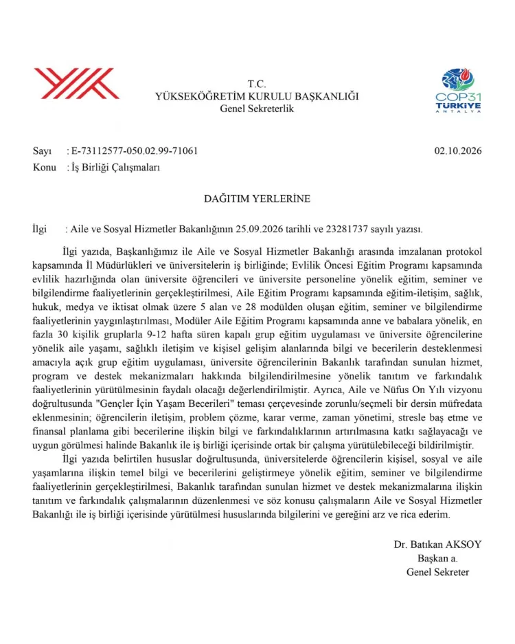 YÖK’ten üniversitelere aile eğitimi ve yaşam becerileri çalışması