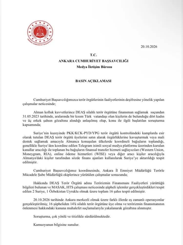 Ankara merkezli DEAŞ operasyonu: 16 şüpheliden 14’ü gözaltında