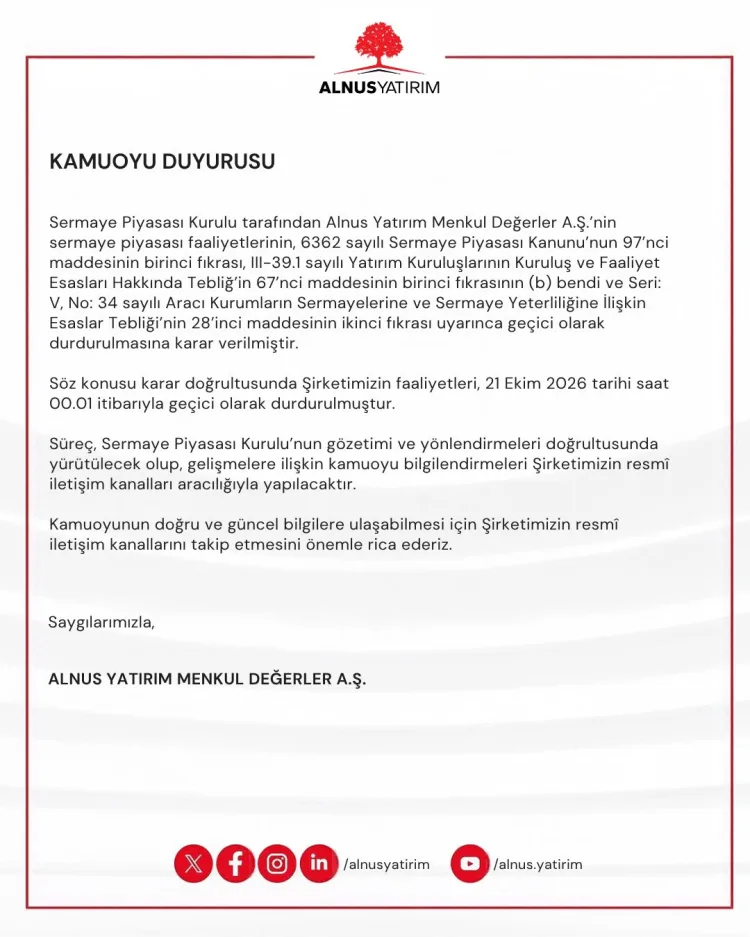 SPK’dan Alnus kararı... Faaliyetler geçici durduruldu