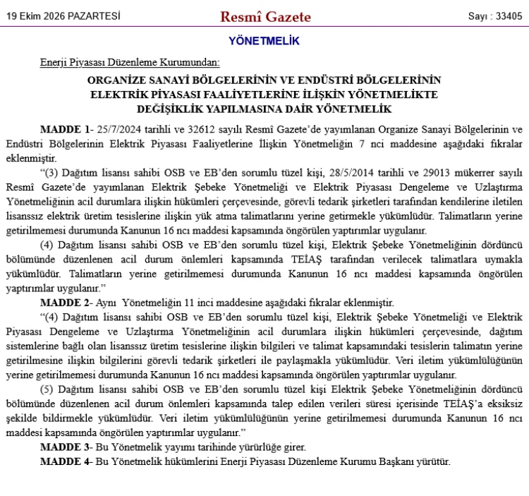 EPDK’dan elektrik piyasasında acil durum düzenlemesi... OSB’lere yeni yükümlülükler